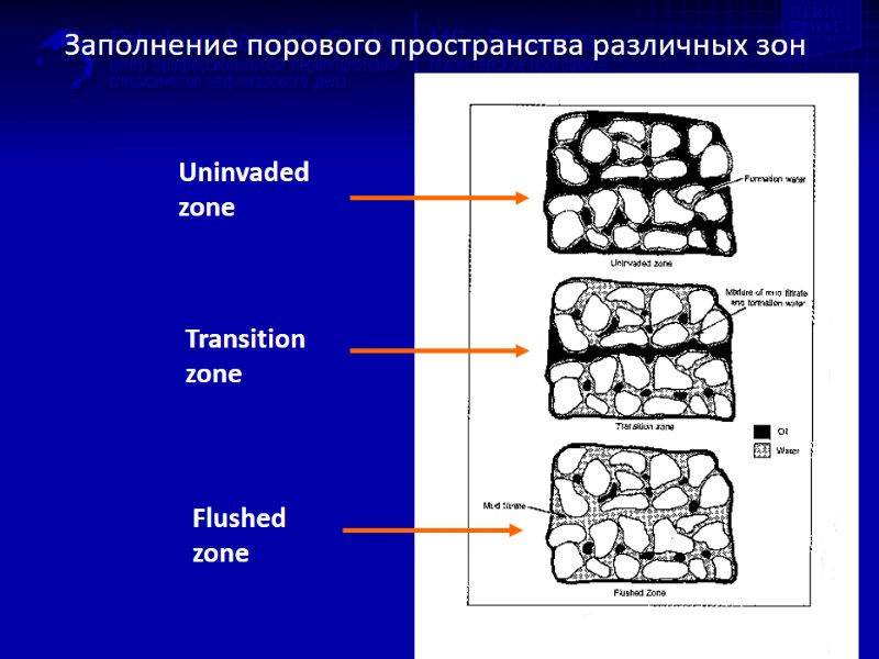 Заполнение порового пространства различных зон Uninvaded zone Transition zone Flushed zone